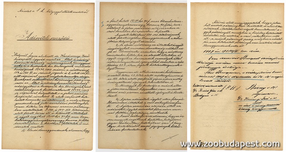 Adásvételi szerződés, melynek alapján 1907. szeptember 26-án az Állatkert mindenestül a főváros tulajdonába került 