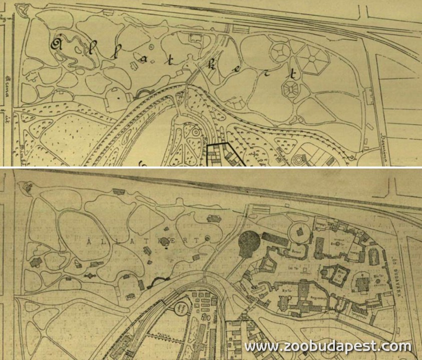 Az Állatkert helyszínrajza az eredeti állapot szerint, illetve az Ős-Budavára és a cirkusz épületeinek feltüntetésével 