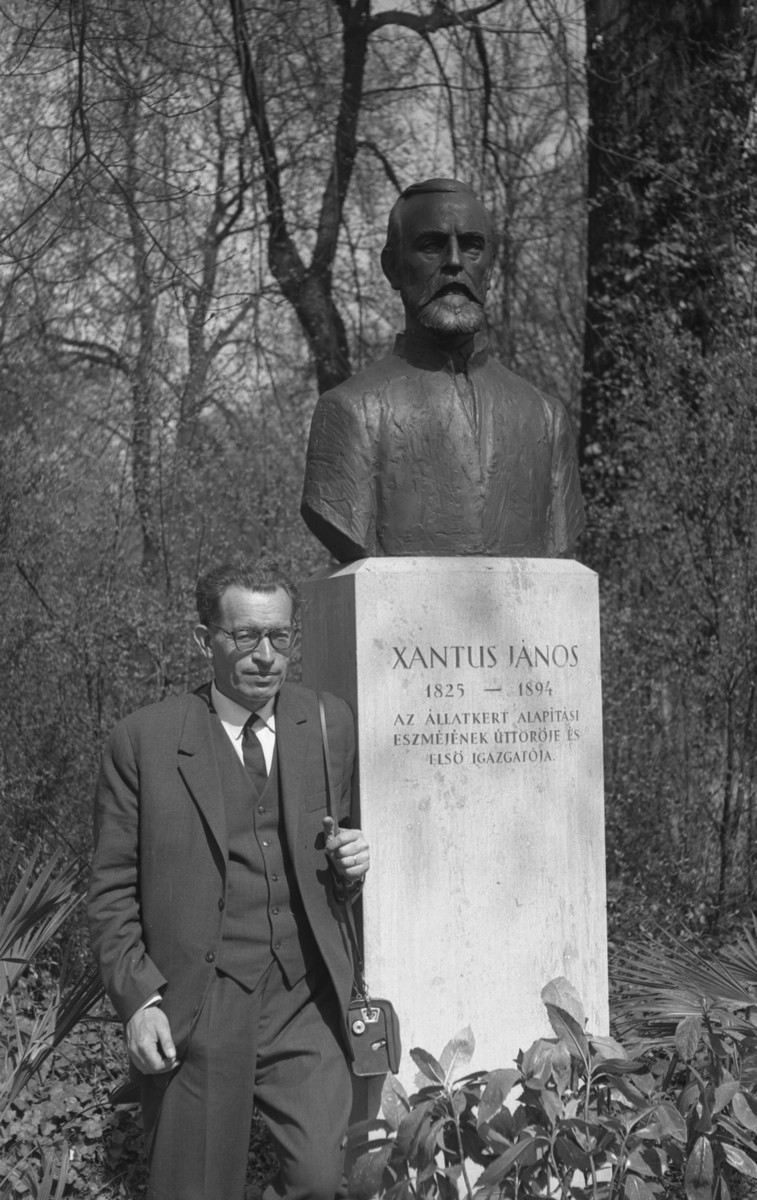 Xántus János szobra 1968-as leleplezésekor; a szobor mellett ifj. Xántus János kolozsvári földrajztudós, az állatkert-alapító unokaöccsének fia áll
